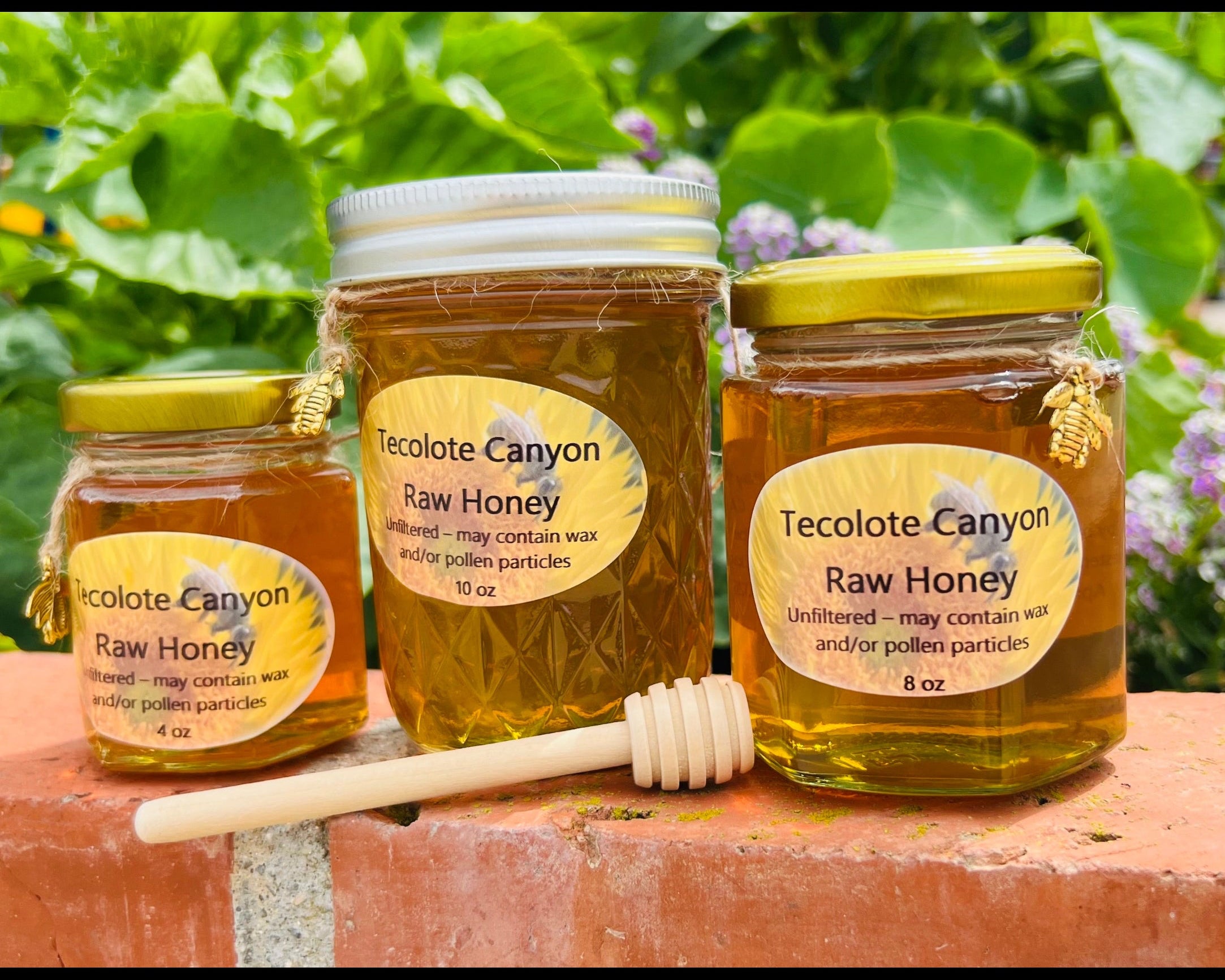 Jars of Tecolate Canyon Raw Honey with a honey dipper on a brick ledge with greenery and flowers in the background.